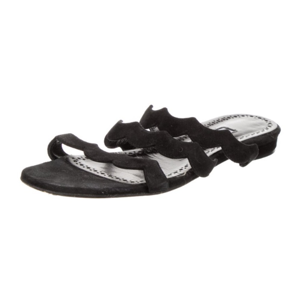Manolo Blahnik scalloped slide sandal black